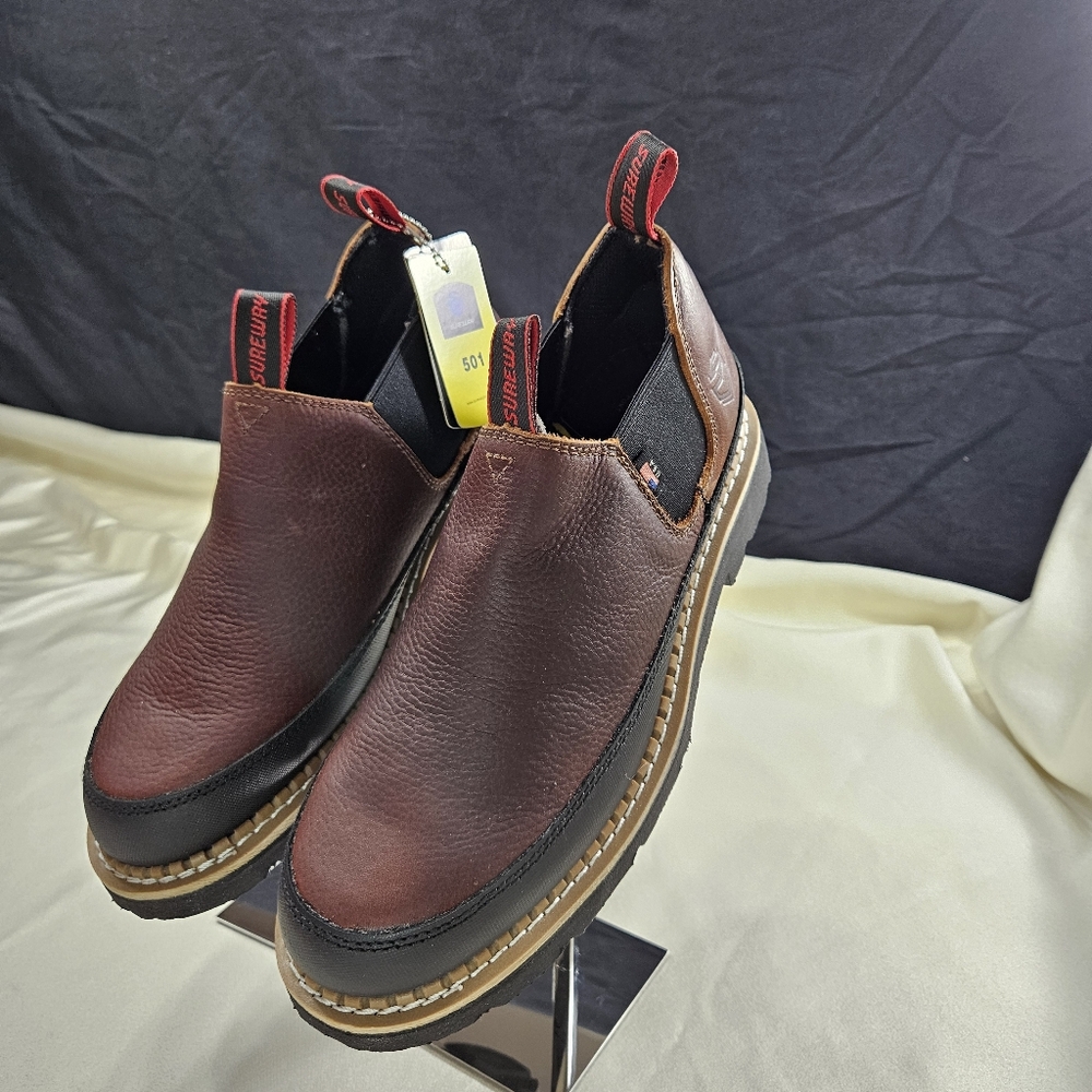 SUREWAY Men SlipOn Work Boots SW501 Dark Brown Full Grain Tumble Leather Sz 10.5